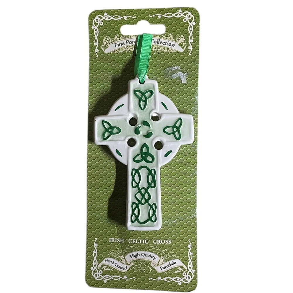 Celtic Cross white and green ceramic ornament. NEW